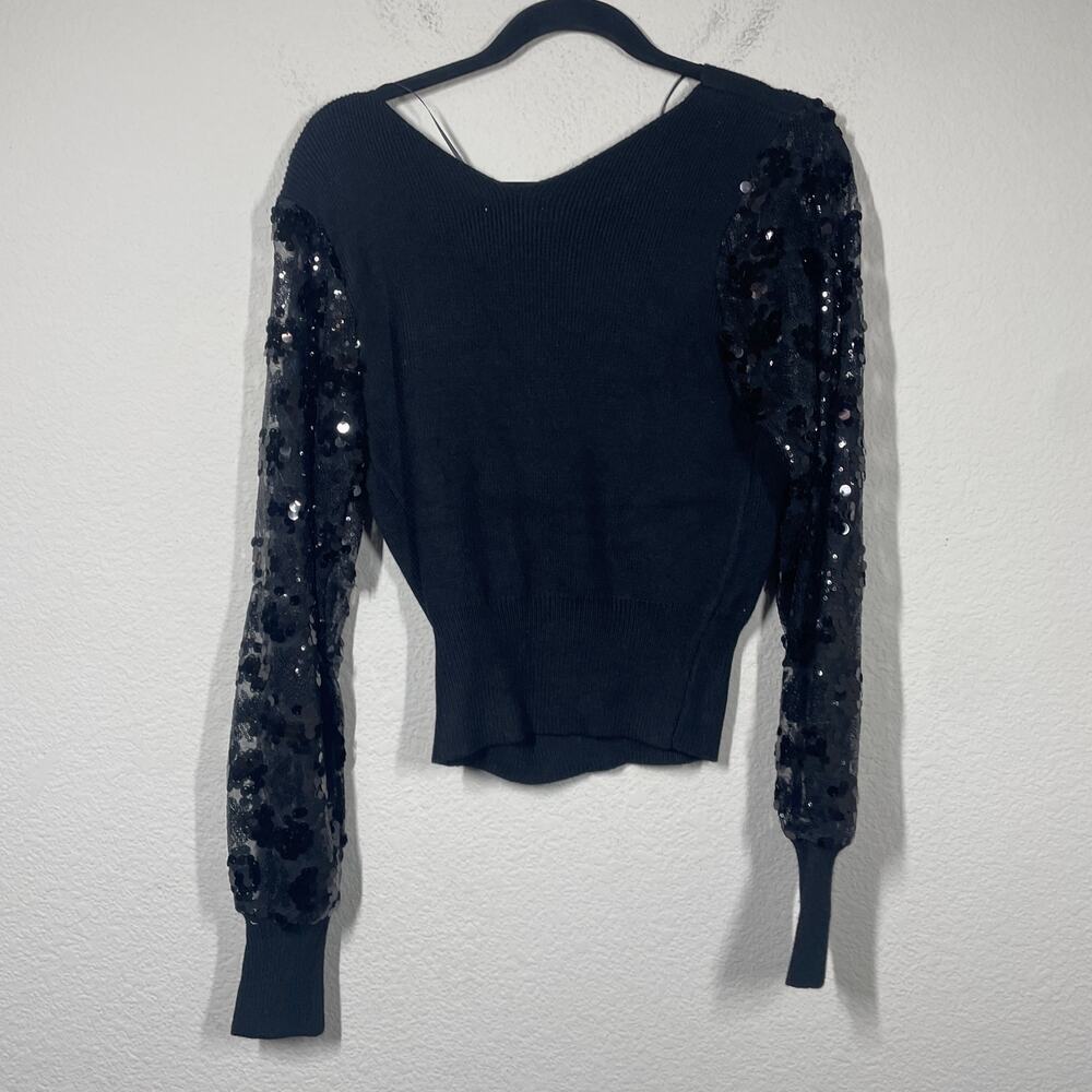 Fate Womens Size Small Sequin V Neck Sweater Top Black Ribbed Long Sleeves - Picture 6 of 7